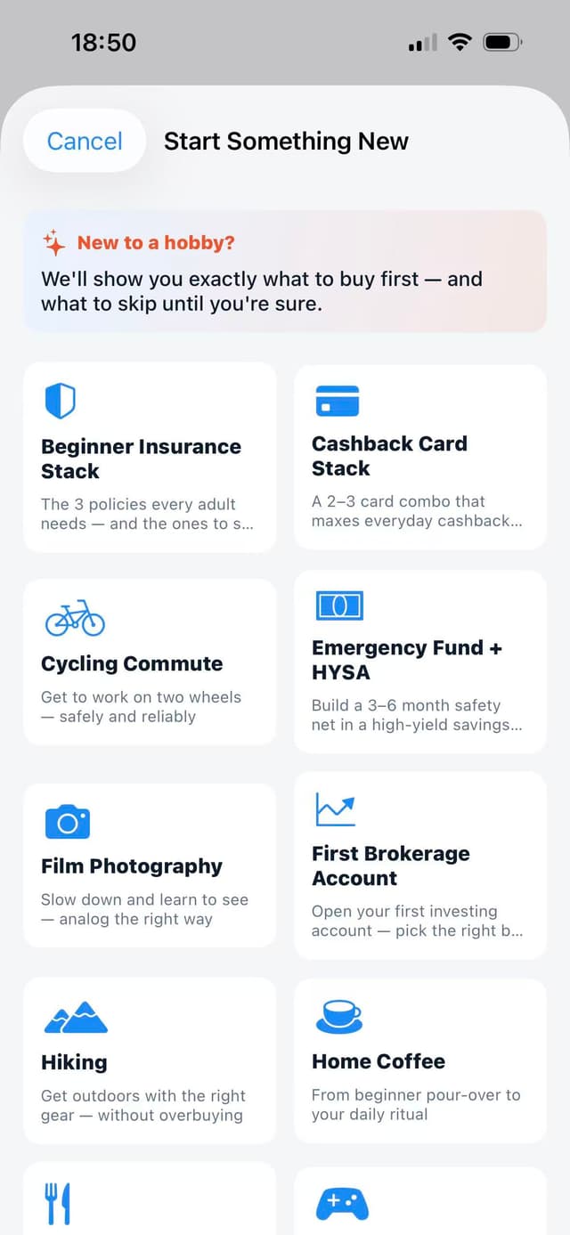 Diffr app showing the Start Something New beginner pack picker with hobbies like Film Photography, Cycling Commute, Home Coffee