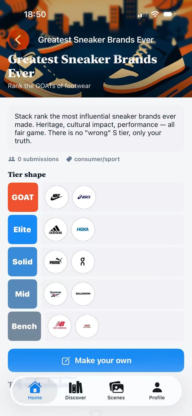 Diffr tier list Greatest Sneaker Brands Ever with GOAT, Elite, Solid, Mid and Bench tiers showing Nike, Adidas, Hoka and other brands