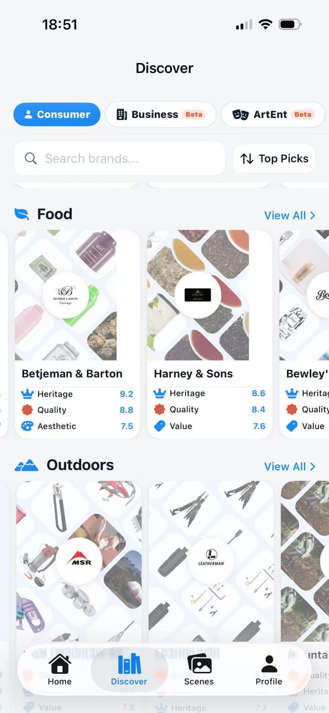 Diffr Discover screen showing Consumer, Business and ArtEnt modes with brand carousels and hexagon score badges