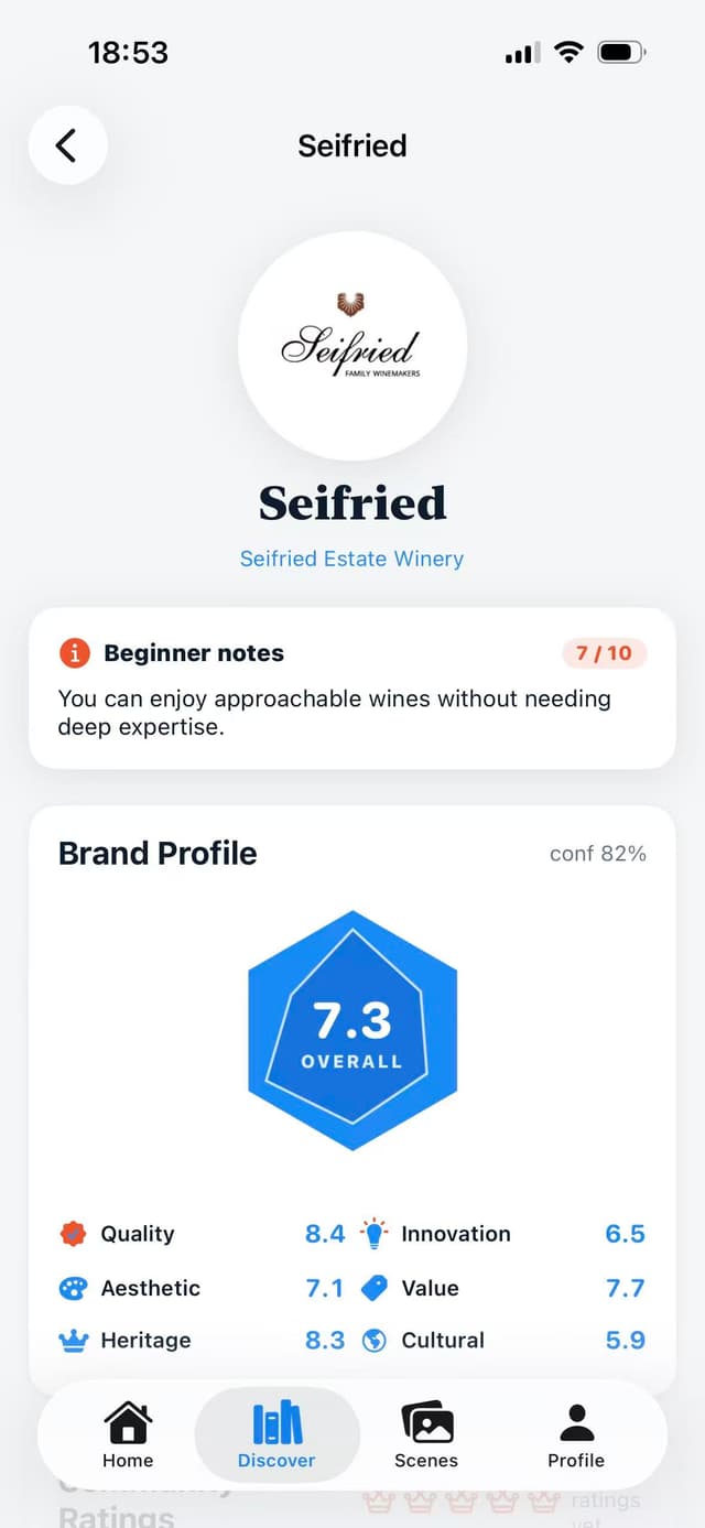 Diffr brand profile for Seifried winery showing hexagon badge with 7.3 OVERALL score and six axis breakdown